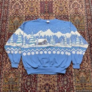 VTG 80s Lifestyles Blue Winter Cabin Snow sleeve AOP Puff print Sweatshirt L USA